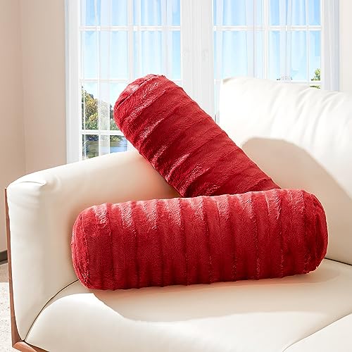 Cheer Collection Faux Fur Bolster Pillows – Soft Decorative Cylinder Pillows for Bed or Couch, Machine Washable – 8” x 24”, Set of 2, Maroon - color: Maroon