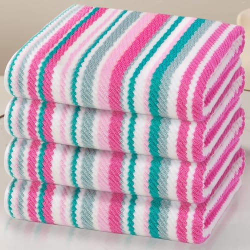 VOOVA & MOVAS Striped Bath Towels 4 Pack, 100% Cotton, 28x52 in, Pink Teal - color: Pink + Aqua + Teal Striped, size: 4 PC Bath Towels (28"x52")