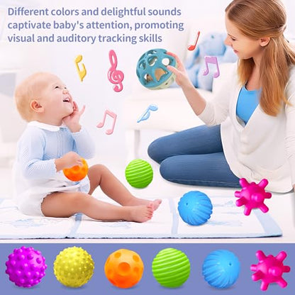 Sensory Toys for Babies, Montessori Textured Baby Balls and Wheat Straw Rattle, Baby Toys for 6-12 Months, Ideal Newborn Gifts for Boys and Girls, Toddler Toys for 1-3 - style: Textured Balls & Blue Rattle Set