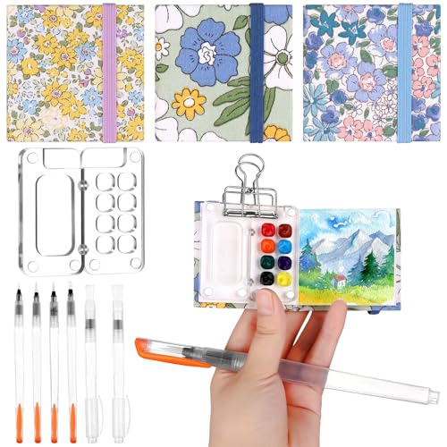 11 Pcs Mini Portable Watercolor Palette Set Travel Paint Palette Kit Pocket Watercolor Travel Set Clear Acrylic Grid Paint Box 3Pocket Watercolor Sketchbooks 6Artist Paint Brushes 1Binder Clip