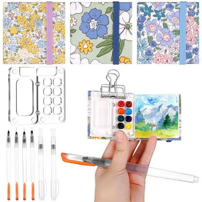 11 Pcs Mini Portable Watercolor Palette Set Travel Paint Palette Kit Pocket Watercolor Travel Set Clear Acrylic Grid Paint Box 3Pocket Watercolor Sketchbooks 6Artist Paint Brushes 1Binder Clip