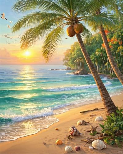 ZRIZQ Beach Paint by Numbers Kit for Adults Beginner,Landscape,16x20 | Full set with rich paints,wooden brushes,rolled canvas.Calming activity.Beginner friendly.Just open and paint. - color: 16"X20"Rolled Canvas-Beach 3