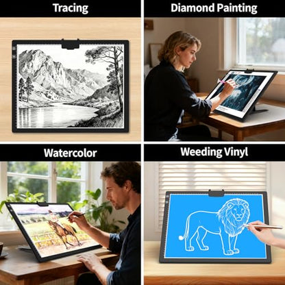HIUKCOLED Rechargeable A3 Light Pad, Battery Powered Light Board with Foldable Stand, top Clip, 3 Colors/Stepless/6-level Brightness, Wireless LED Tracing Box for Diamond Painting,Drawing,Sketching - style: A3 Stand