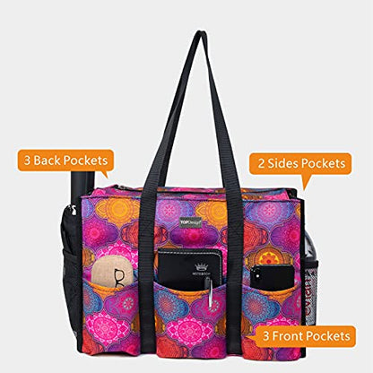 TOPDesign Utility Water Resistant Tote Bag with 13 Pockets, Zipper Closure - color: Yoga Totem, size: Large