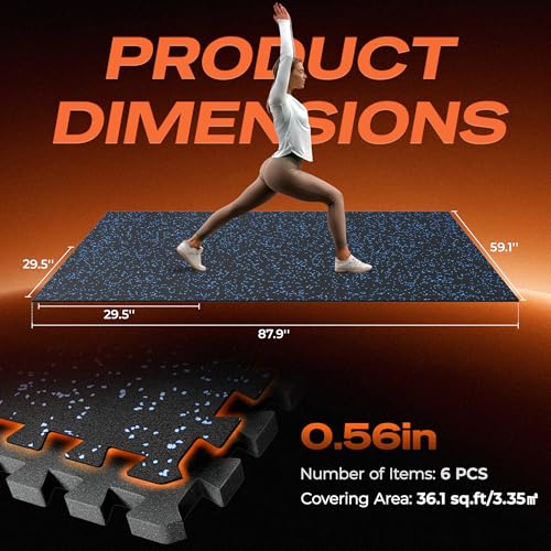 SUPERJARE 30" x 30" Larger Rubber Top Exercise Equipment Mats, 0.56" Thick 6PCS 37.5 Sq Ft High-Density EVA Foam Interlocking Gym Flooring, Big Workout Mat for Home Gym, Floor Protection, Black/Blue - size: 6 Tiles (37 Sq Ft)