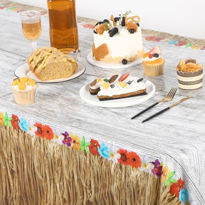 Kochorie 2 Pack Hawaii Luau Grass Tablecloth 54 x 108 Inches Waterproof Plastic Hawaiian Brown Grass Table Skirt with Raffia Libiscus Flowers Table Cover for Summer Tropical Party Decorations - style: Hawaii Luau Grass