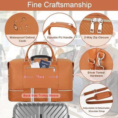 ITIEZY Weekender Bag for Women 21.5" Travel Duffel Large Carry On Bag 3PCS | Nylon Duffel Bag with Waterproof Shoe Compartment, Crossbody Bag and Toiletry Bag, Travel Weekend Hospital Overnight Gym Bag - color: 7-Brown