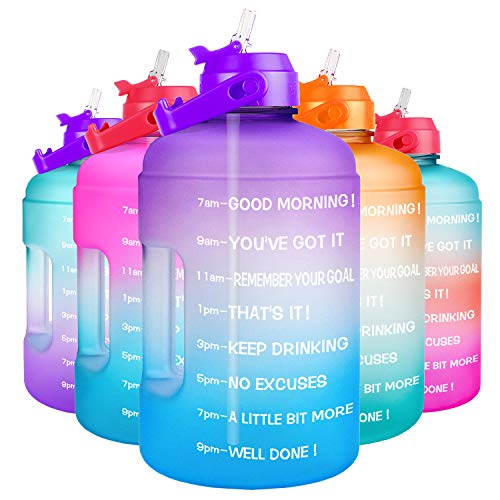 QuiFit 1 Gallon Water Bottle - with Straw & Motivational Time Marker Leak-Proof BPA Free Reusable Gym Sports Outdoor Large(128OZ/73OZ) Capacity Water Jug - color: QFA2 Purple/Blue Gradient, size: 128 Ounces