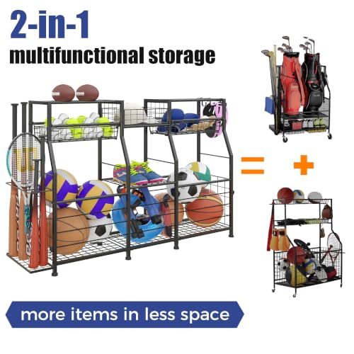 Ball Storage Rack with Bat Holder, Sports Equipment Organizer for Garage | Ball Organizer for Garage Outdoor Toy Organizer Basketball Organizer Soccer Ball Rack Multifunctional LArge Capacity - size: 11.8"D x 50.55"W x 31.5"H
