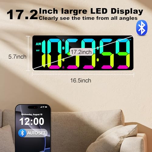 TXL 17.2" Bluetooth Digital Wall Clock with Seconds, Large Countdown Timer for Classroom Home Gym Kitchen Office, Alarm Clock with Remote Control, 4 Dimmable Brightness, Auto DST (RGB) - color: Rgb