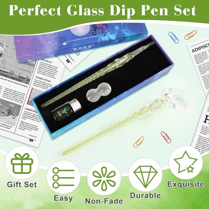 Luxiv Glass Dip Pen Set, Purple Crystal Pen With Ink, Holder, and Package - color: Green, style: Basic