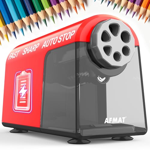 AFMAT Electric Pencil Sharpener Heavy Duty, 6 Holes, Cordless & Rechargeable, Fast Sharpen, Auto Stop, 10K+ Uses, Classroom Pencil Sharpener for 6-11mm No.2/Large/Colored Pencils PSD2(Red) - color: Red