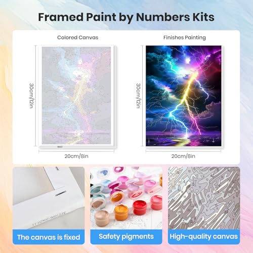 HEIBAGO Framed Paint by Numbers Kit Colorful Lightning for Adults, Paint by Numbers for Adults Beginner, Adult Paint by Number Kits on Canvas, DIY Painting by Numbers for Gift Home Wall Decor 8 x 12In - color: Colorful Lightning