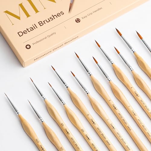 JUSART Miniature Paint Brushes 12 PCS, Fine Tip Model Paint Brushes, Wood | Fine Tip Paint Brush, Fine Detailing for Model Painting - Acrylic, Watercolor, Oil, Rock Painting & Paint by Number - color: Wood