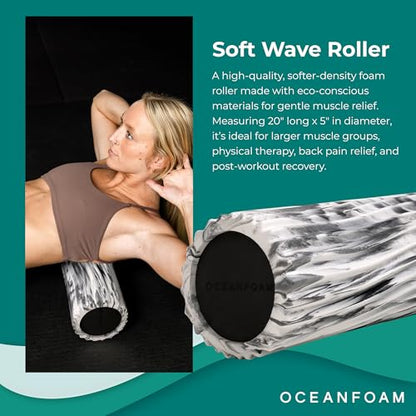 Oceanfoam Soft Tidal Roller (Black Marbled) - Low Density Foam Roller for Physical Therapy, Back Pain, Excercise & Stretching - Wave Textured - Yoga, Athletics, & Wellness - Full Size, 20" x 5" - color: Black Marbled