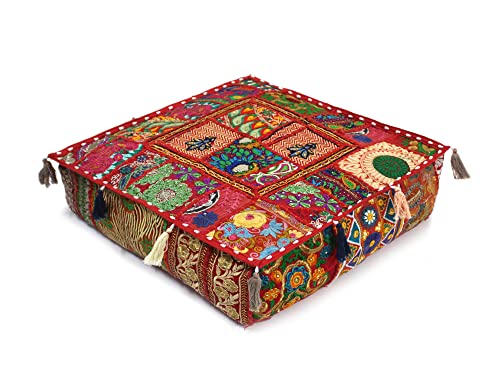 Mam Treasures Indian Bohemian Decorative Pillow Vintage Cushion Cover Patchwork Square Floor Pillow Cover Meditation Cushion Large Floor Pillow Indian Cushion (Red, 16 X 16 X 5 Inch)