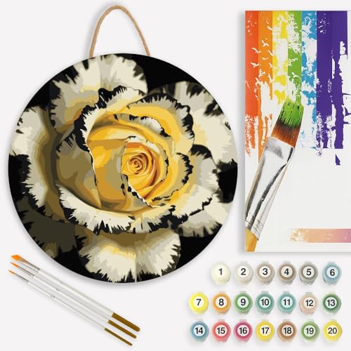 Botanical Beauty Paint by Numbers Kit for Adults on Wood Board – DIY Cream Yellow and Black Rose Wood Craft Painting Kit, 12 in Round, Acrylic Paint Set, Beginner-Friendly, Relaxing Home Decor Gift - color: FM05112