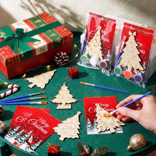 Saypacck 24 Pcs Christmas Tree Party Favors Wooden Paint Craft Kits | Includes Brushes Paints, Christmas Tree Designs, Organza Bags for Goodie Bag Fillers, Christmas Stocking Stuffer Gifts - style: Christmas Tree