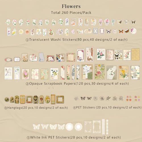 Teniinet 260 PCS Vintage Scrapbooking Supplies Kit for Beginners (Flowers) | Large Collection, Aesthetic Journaling, Bullet Junk Journals, Arts Craft Collage,Ephemera Adults,Girls Teenage School Style - color: Flowers