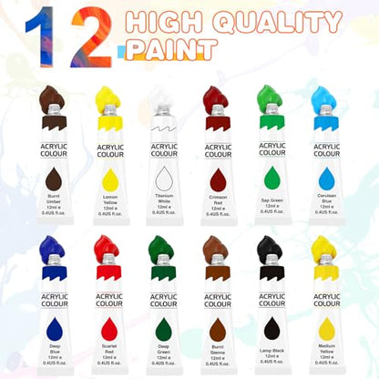 ESRICH 26 PCS Acrylic Paint Set with 12 Colors Acrylic Paints | 10 Paint Brushes, 2 Canvas, 1 Wood Easel, 1 Plate, Painting Supplies Kits for Kids, Adults, Artists and Beginners - color: 12 Color