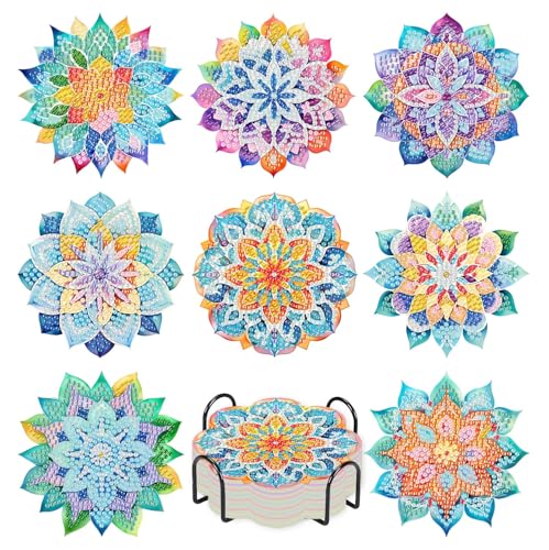 8 PCS Succulent Diamond Art Coasters with Holder, DIY Flowers Diamond Painting Coasters Kits for Adults, Non Slip Hardwood Bases Plants Mosaic Dot Painting Coaster Gift Set for Beginners 4x4 Inch - color: BDWY184-US