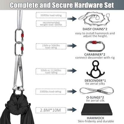 Aerial Silks Kit & Aerial Yoga Hammock - 11Yd Premium Fabric with Hardware - color: Black
