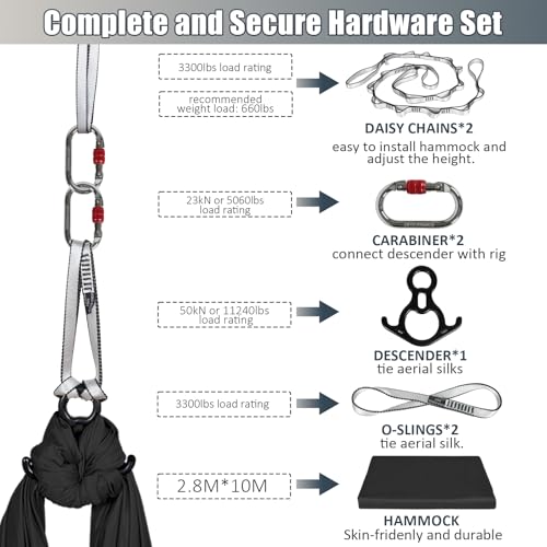 Aerial Silks Kit & Aerial Yoga Hammock - 11Yd Premium Fabric with Hardware - color: Black