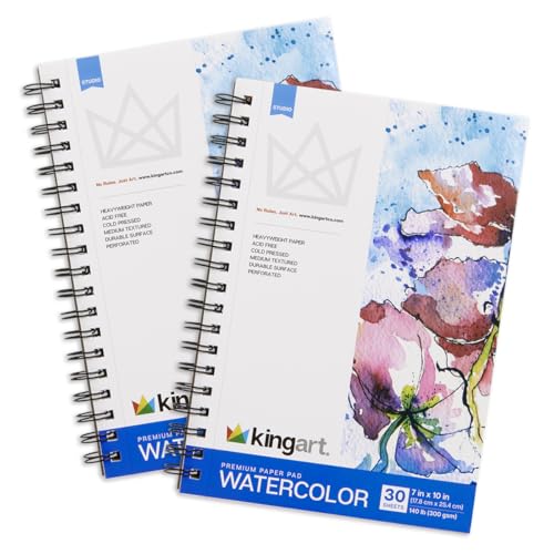 KINGART Pad, Textured, Perforated, Cold Press, Side Wire Bound, 140 Lbs. (300G), 7" X 10", 30 Sheets, 2-Pack Watercolor Paper, (Pack of 2), White 2 Piece
