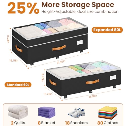 Budding Joy 80L 2 Pack Adjustable Under Bed Storage with Wheels - color: Black