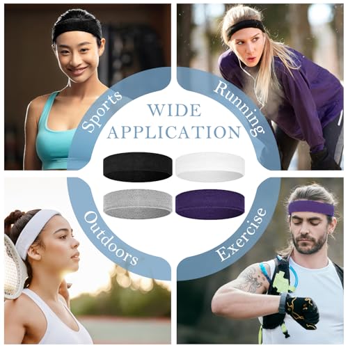 4 Pack Cotton Terry Sweat Headbands for Men Women Running Gym - color: Black/Gray/Purple/White