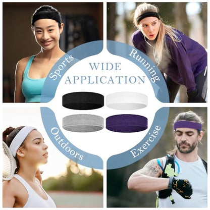 4 Pack Cotton Terry Sweat Headbands for Men Women Running Gym - color: Black/Gray/Purple/White