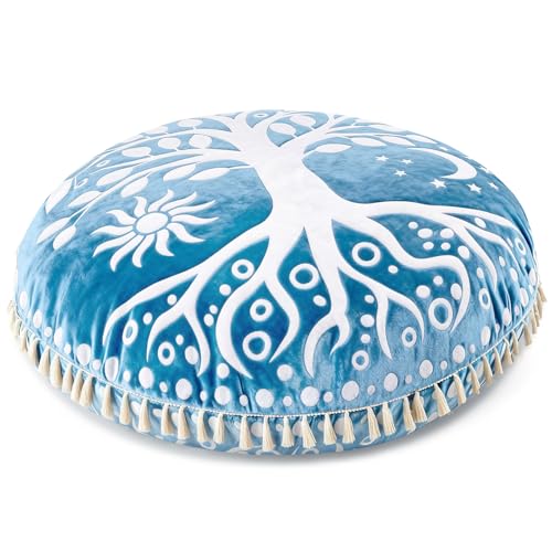 Hihealer Meditation Cushion, Large Velvet Floor Pillow for Yoga, Meditation | Round Memory Foam Bolster Pillow, 36" Mandala Boho Cushion, Supportive & Ergonomic - color: Blue
