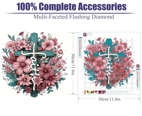 Baiwanerxiang Religious Diamond Art Kits for Adults, Cross Flower Diamond Painting, Diamond Painting Kits for Adults Beginners, Diamond Art for Kids Gem Art Home Wall Decor 11.8x11.8Inch - color: Cross Flower