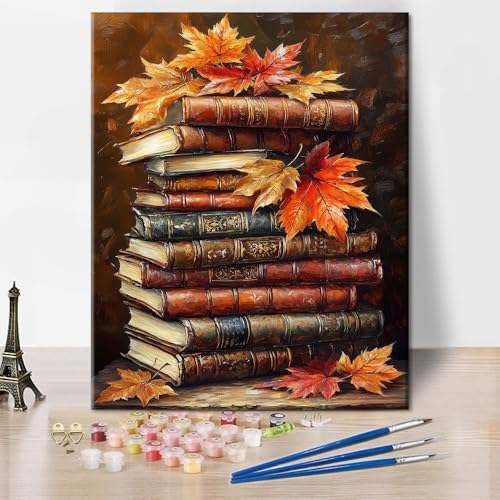 TUMOVO Paint by Numbers for Adults Maple Leaves in the Book | book 16x20 inch canvas kit with acrylic paints and 3 brushes, stress-relief painting kit for a calming hobby. - color: Book