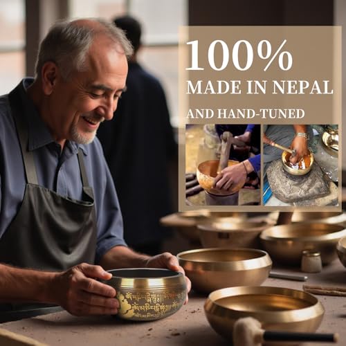 AKLOT HandMade Meditation Singing Bowl: Tibetan Sound Bowl Set with Pure Tone, Sound Bath Bowl with Cushion, Mallet, Carry Bag, Spiritual Gift for Chakra Clearing, Yoga, Prayer, Relaxation (5 Inch) - color: 5 inch Gold