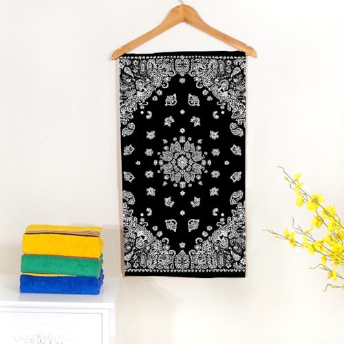 Western Paisley Boho Bath Towel 15X30 Inch Washcloths Black Bandana with White Ornaments Face/Body/Hair/Hand Towel for Spa Gym Yoga Swim Bathroom Kitchen Hotel - color: Western Paisley