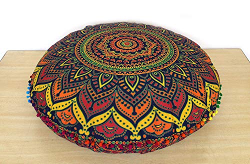 CRAFT KALA 32 Inch Meditation Floor Pillow Cover Round Pillow Seating Hippie Decorative Adults Bohemian Mandala Cushion Cover Outdoor Living Room Throw Ottoman Poufs Cover (New Blue Ombre) - color: New Blue Ombre