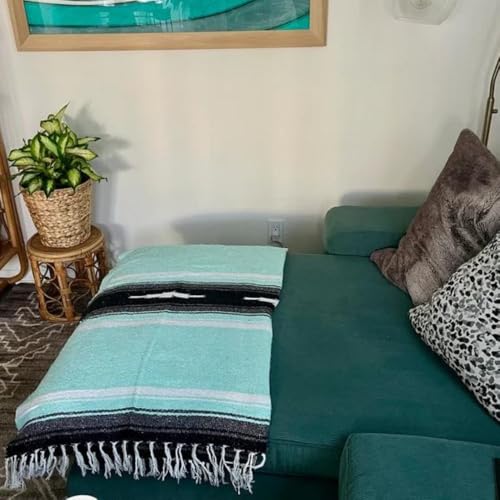Open Road Goods Mexican Diamond Blanket - XL Heavyweight Yoga Blanket – Handmade in Mexico - Thick Boho Serape Saltillo Style Throw for Beach, Picnic, Home, Camping and More! (Mint & Black) - color: Mint & Black