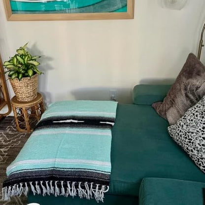 Open Road Goods Mexican Diamond Blanket - XL Heavyweight Yoga Blanket – Handmade in Mexico - Thick Boho Serape Saltillo Style Throw for Beach, Picnic, Home, Camping and More! (Mint & Black) - color: Mint & Black