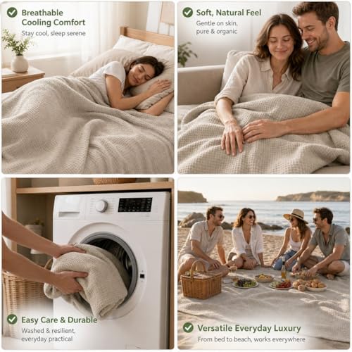 Pure 100% Linen Throw Blanket 50x60-inch Waffle Weave Linen Beach Blanket - color: Natural Linen, size: Throw Blanket