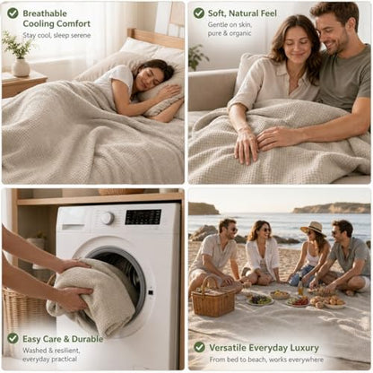 Pure 100% Linen Throw Blanket 50x60-inch Waffle Weave Linen Beach Blanket - color: Natural Linen, size: Throw Blanket