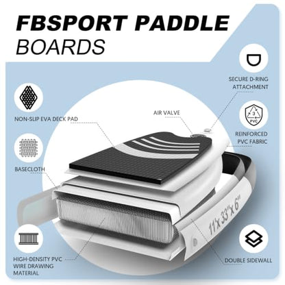 FBSPORT 11' Premium Stand Up Paddle Board, Yoga Board with SUP Accessories & Carry Bag | Wide Stance, Surf Control, Non-Slip Deck, Leash, Paddle and Pump for Youth & Adult - color: Black White