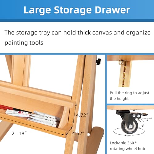 Falling in Art Extra Large H-Frame Studio Easel with Storage Tray (Natural) | Solid Beechwood Artist Easel , Adjustable Canvas Holder Stand with Rolling Wheels for Painting Adult - style: Studio Easel Natural