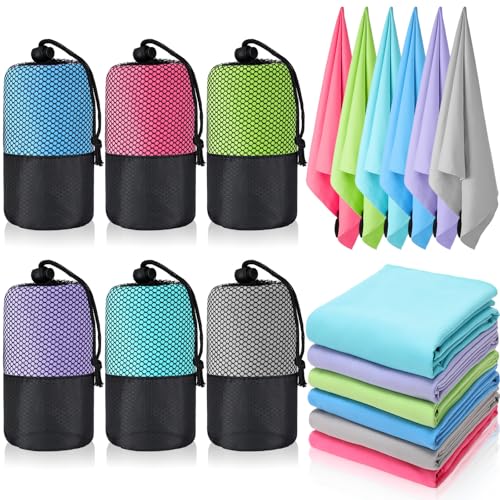 Oudain 6 Pieces Quick Dry Travel Towel Bulk, Microfiber Lightweight Beach Towel with Bag Compact for Adults Swimming Trip Camping Sports Gym Yoga 20 x 39 Inches(Bright Color) - color: Bright Color