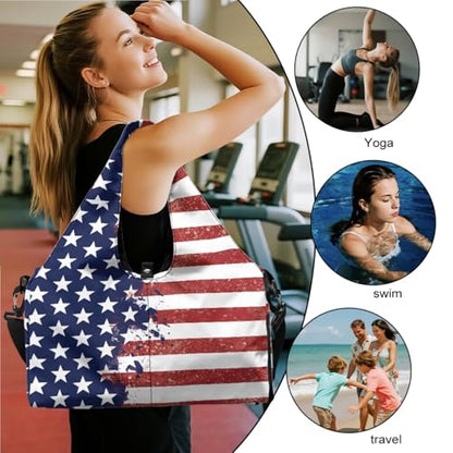 Yoga Gym Bag with Removable Adjustable Shoulder Strap, Shoe Compartment & Top Yoga Mat Holder 17.72x8.66x9.84in - color: American Creative Flag Print