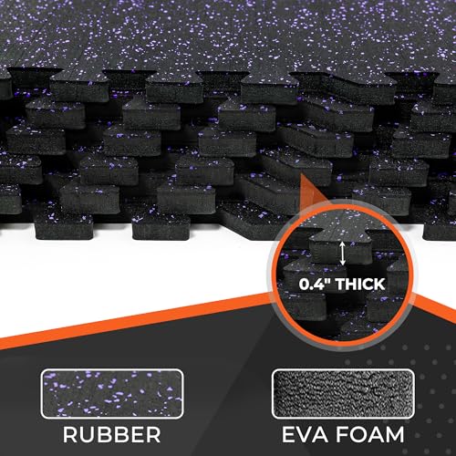 SUPERJARE 0.4'' Thick 12 Pcs 48 Sq Ft Rubber Top Exercise Equipment Mats, High Density EVA Foam Mats with Rubber Top, Interlocking Gym Flooring for Home Gym, Protective Workout Mat, Black/Purple - size: 12 Tiles (48 Sq Ft)
