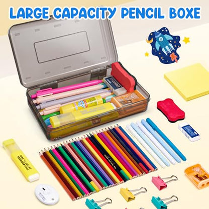 GAMENOTE Plastic Pencil Box with Personalized Sticker,Kid Hard Pencil Case with Snap-tight Lid,Small Art Craft Storage Containers,School Supplies Box for Boys,Girls (Grey) - color: Grey