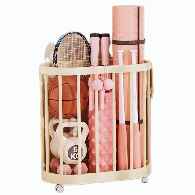 Sports Equipment Storage Organizer, Plastic, White, Easy Assembly, Rolling Cart for Balls, Bats, Yoga Mats
