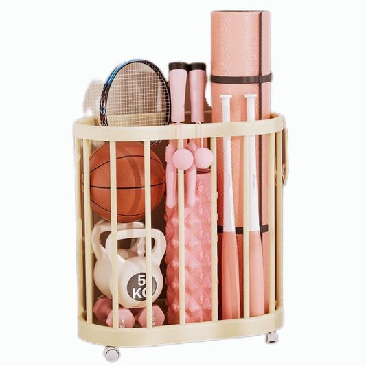 Sports Equipment Storage Organizer, Plastic, White, Easy Assembly, Rolling Cart for Balls, Bats, Yoga Mats