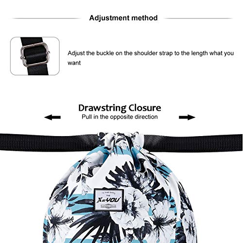 XEYOU Drawstring Backpack Bag Sport Gym Sackpack Beach Cinch Bag | Lightweight Swimming Bag, Water-Resistant Fabric, Travel Daypack for Women and Men - color: Black and White Flower Pattern